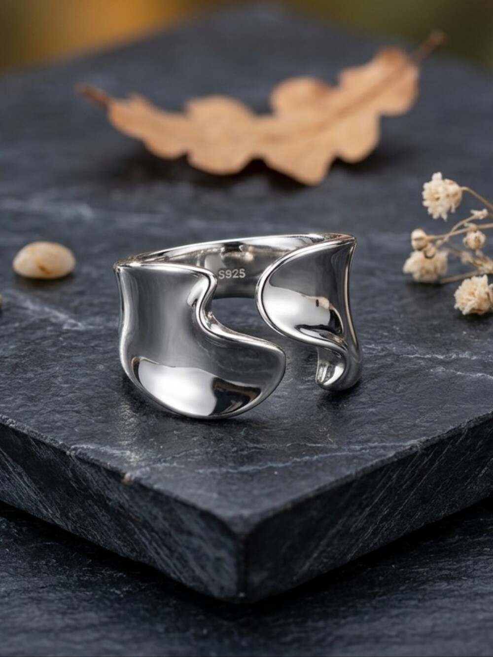 S925 Sterling Silver Sculptural Wave Chunky Open Ring White Gold Plated 7-8